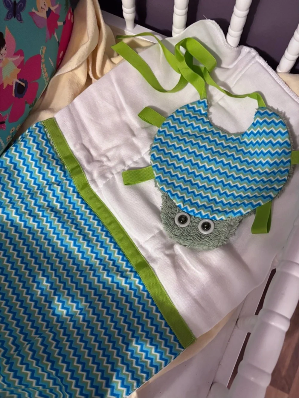 Hand Crafted Turtle Chevron Pattern Baby Bib and Burp Cloth Set